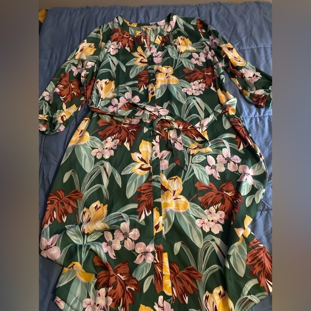 Loft Fit & Flare Dress Women Plus Size Multi Floral V Neck Button Drawstring XXL